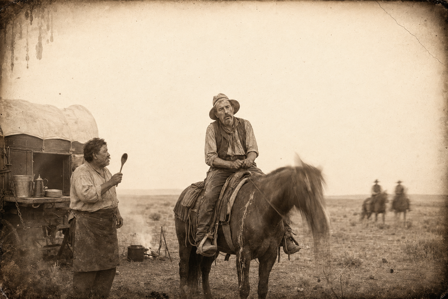 Jasper Fant rides back into camp sick from his night in Ogallala, and Po Campo scolds him from the wagon tailgate.