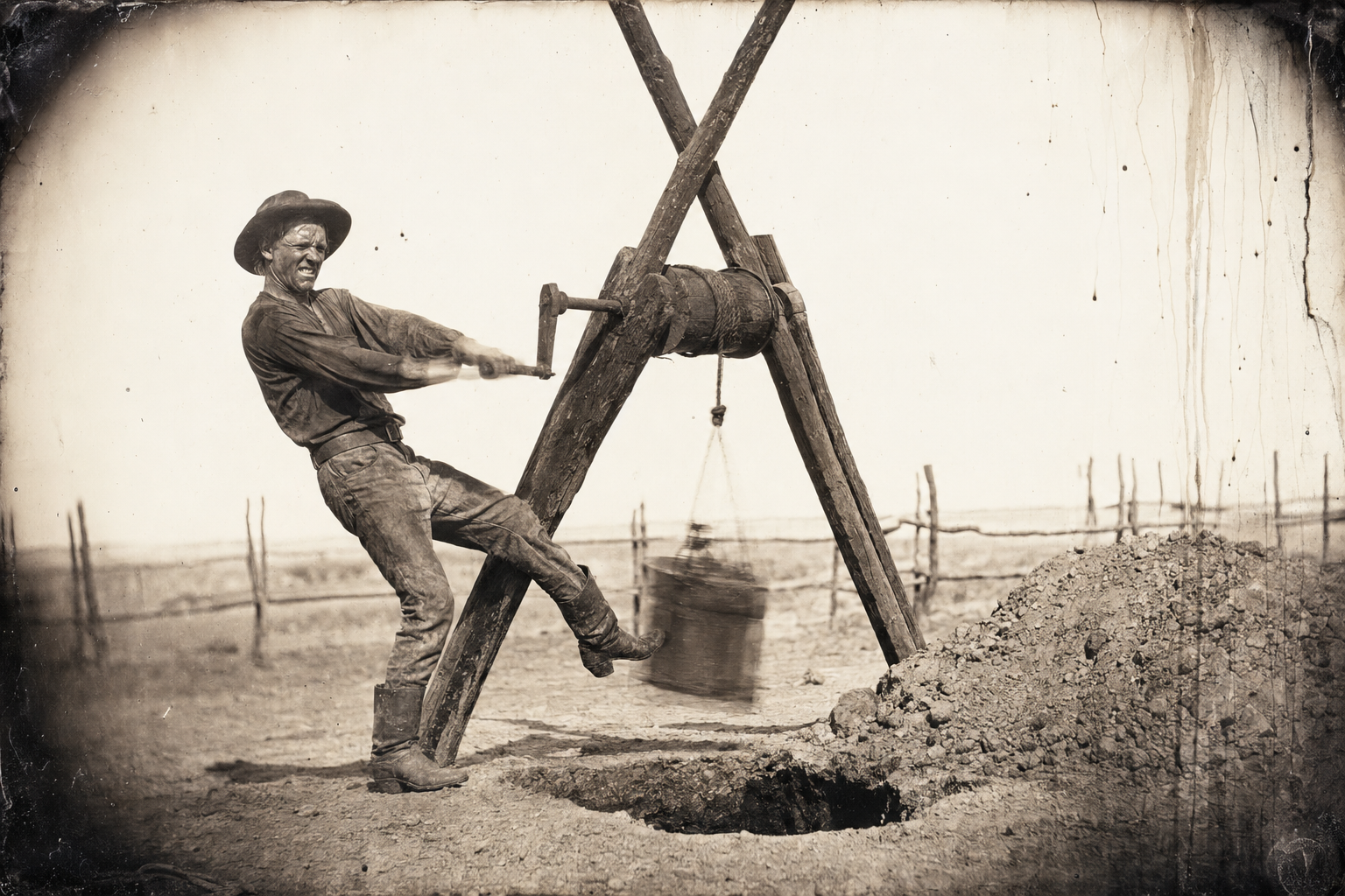 Dish Boggett, sweated through hatband and belt, strains at the windlass to bring another bucket of dirt out of the new well.