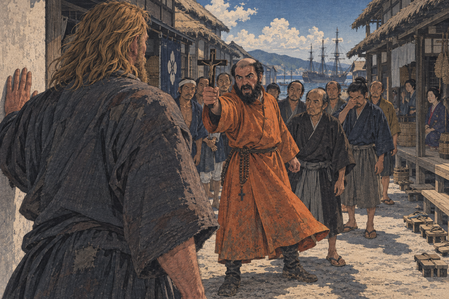 Father Sebastio raises the crucifix