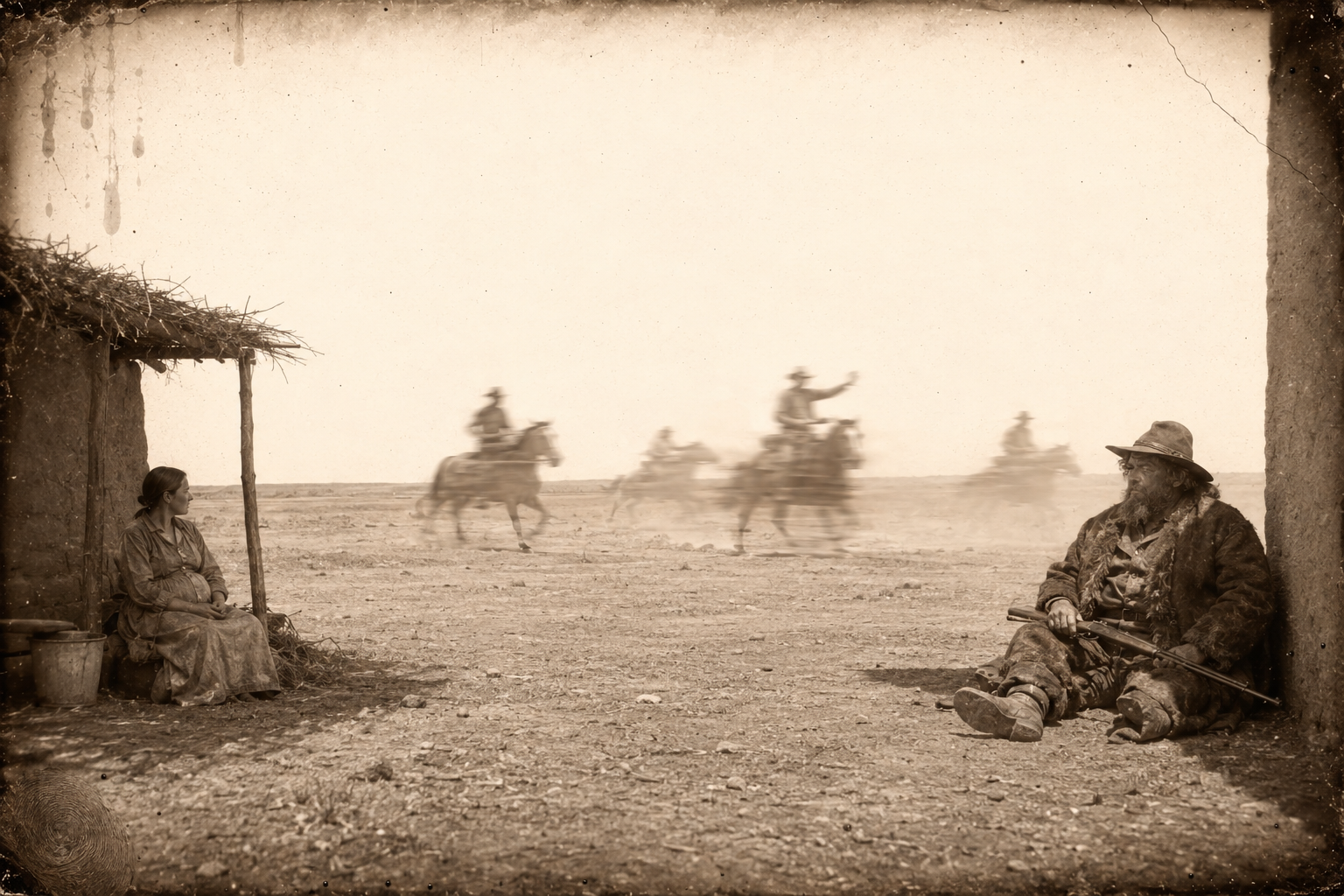 The hunters ride out after a herd of buffalo and Big Zwey will not go — he sits thirty yards from her shade with the rifle across his lap, watching.
