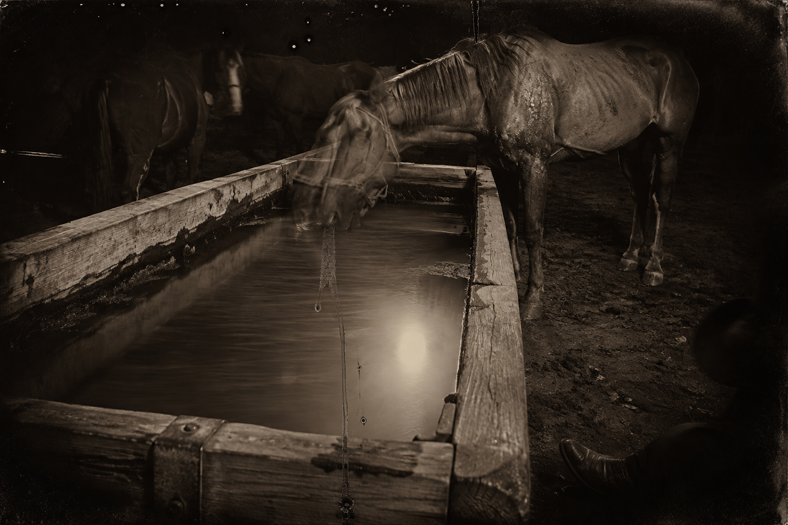 Alone now, Deets listens to the horses settle; one comes to the trough and drinks, sucking the water in long draughts.