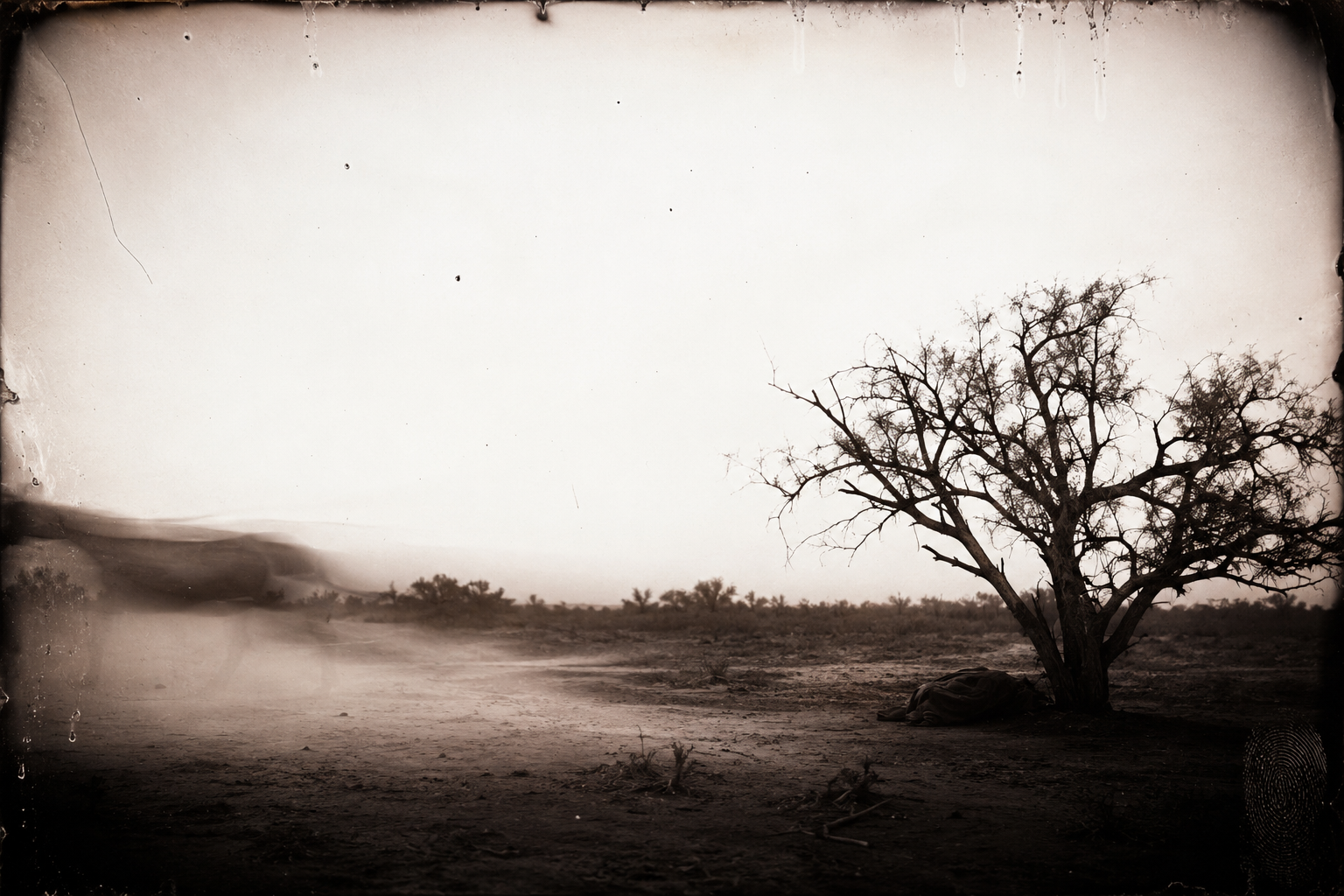 The first lightning strikes and Lorena's young mare snaps her rein and runs off into the blowing sand.