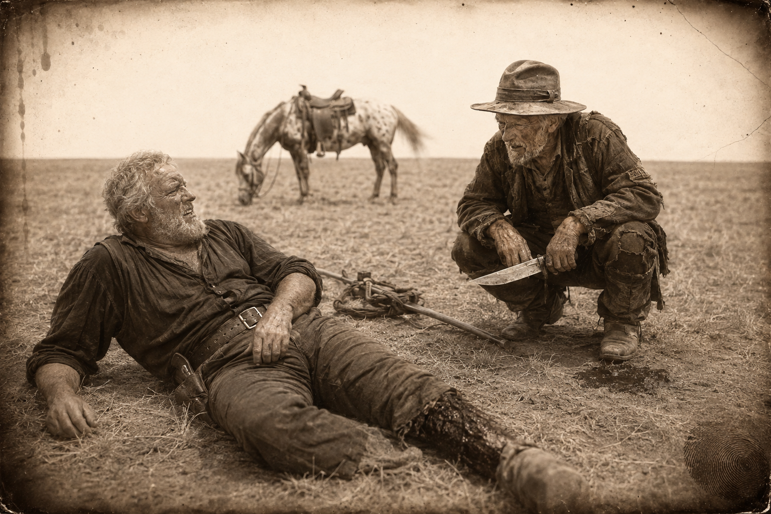 He wakes under a white noon sun to find Old Hugh Auld squatting over him with a bowie knife, having been about to take the leg off.