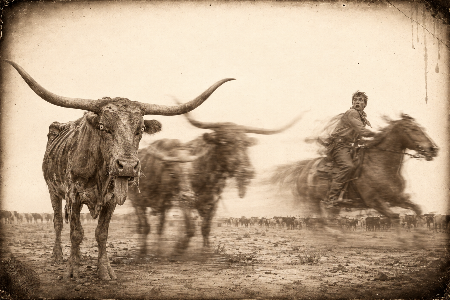 On the third day the thirst-blind cattle turn back for the water they left and walk straight into Newt's horse without seeing him.