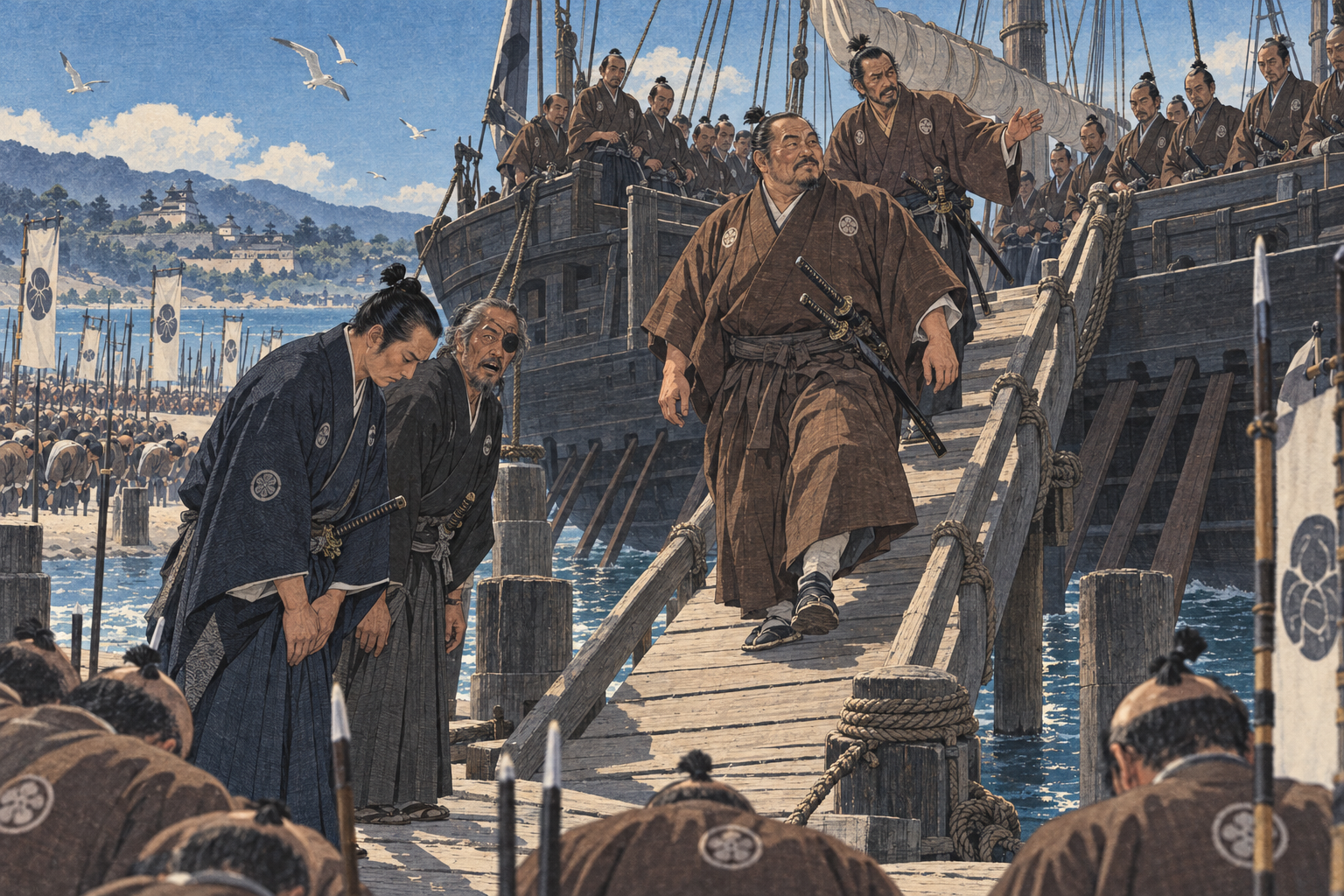 Toranaga stomps down the gangplank