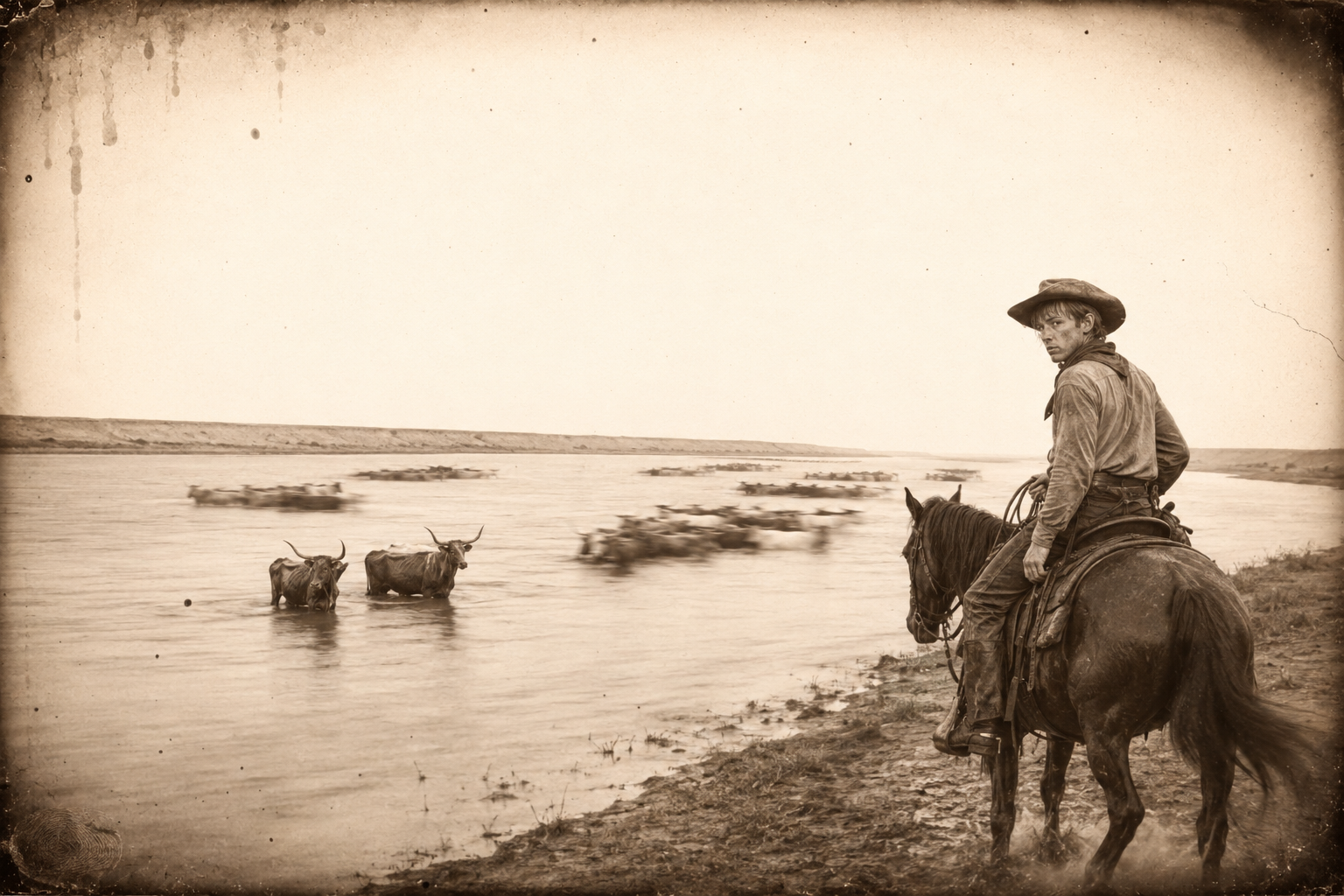 The line breaks and the herd splits into five or six bunches swimming downstream; Newt is carried two hundred yards and lands back on the bank he started from.