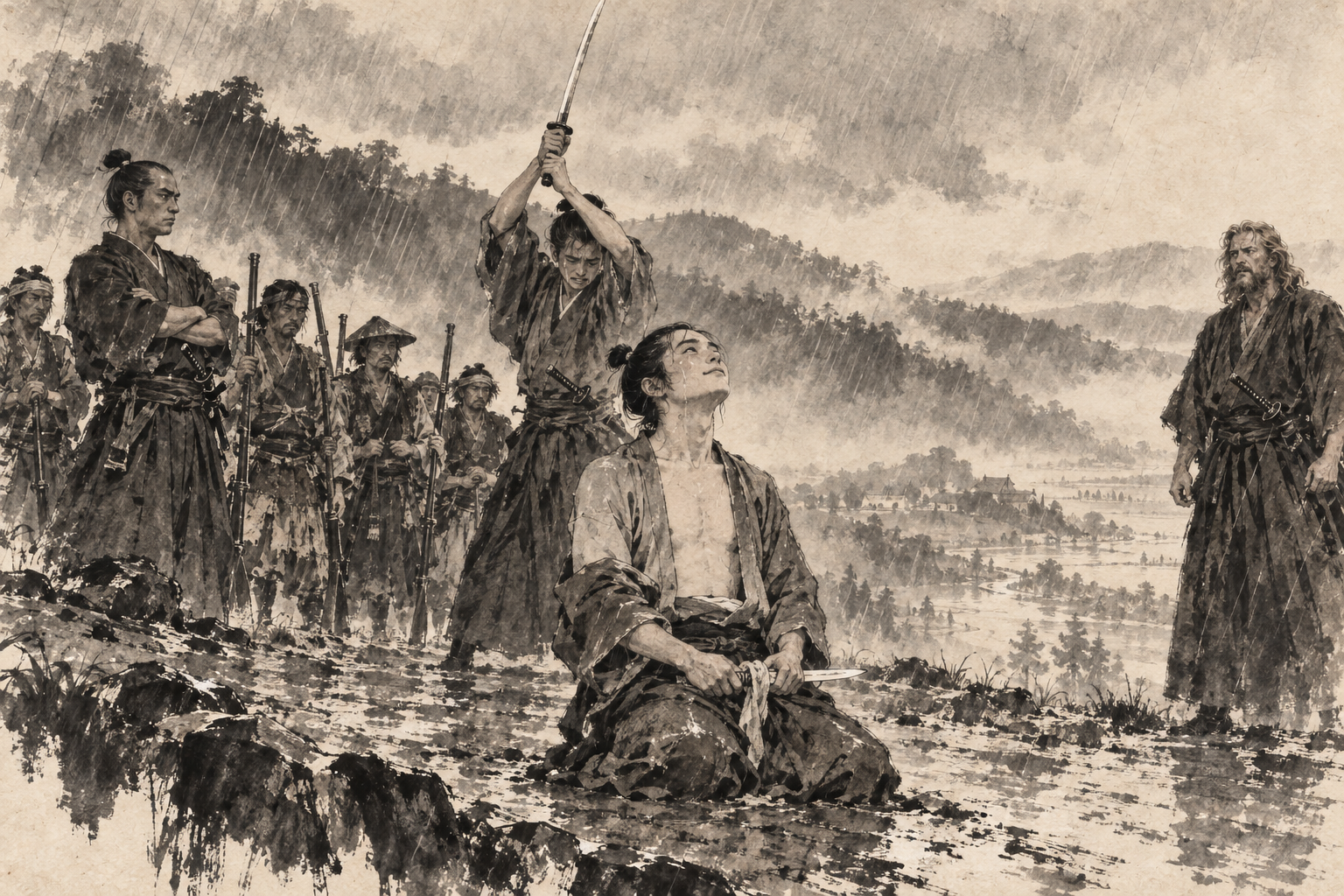 Kenko kneels for seppuku