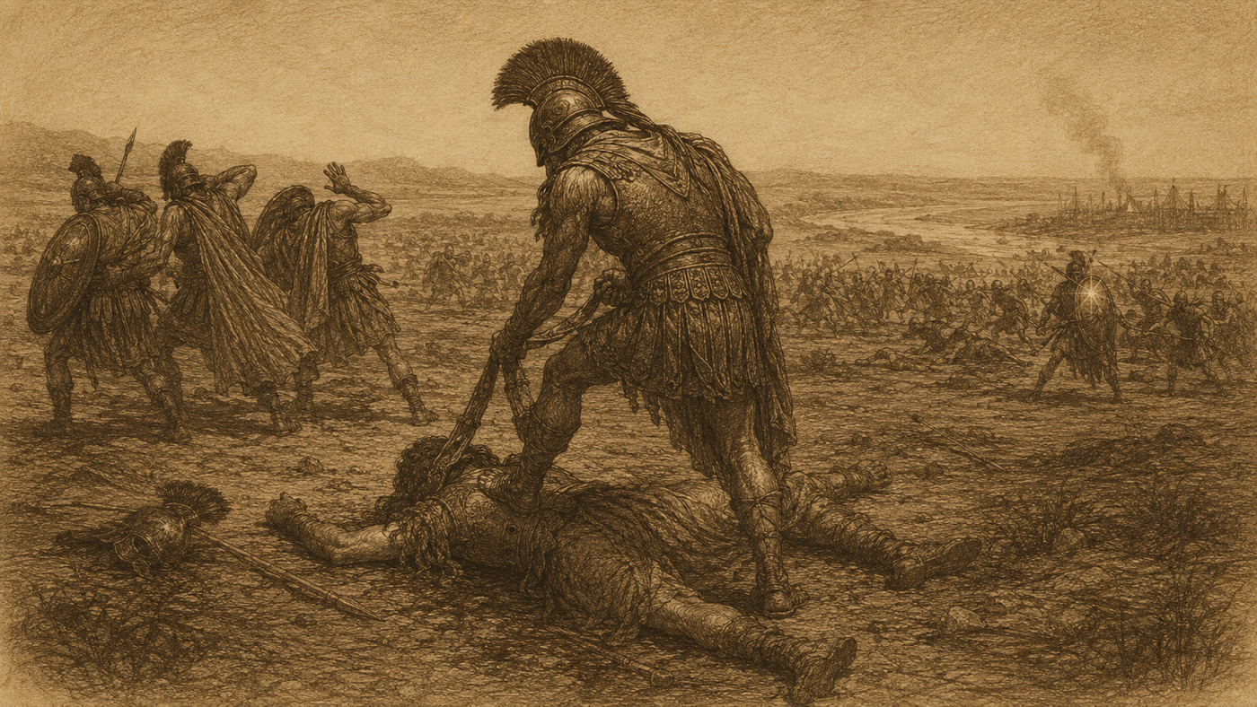 Pen-and-ink: The Battle; the Death of Pallas