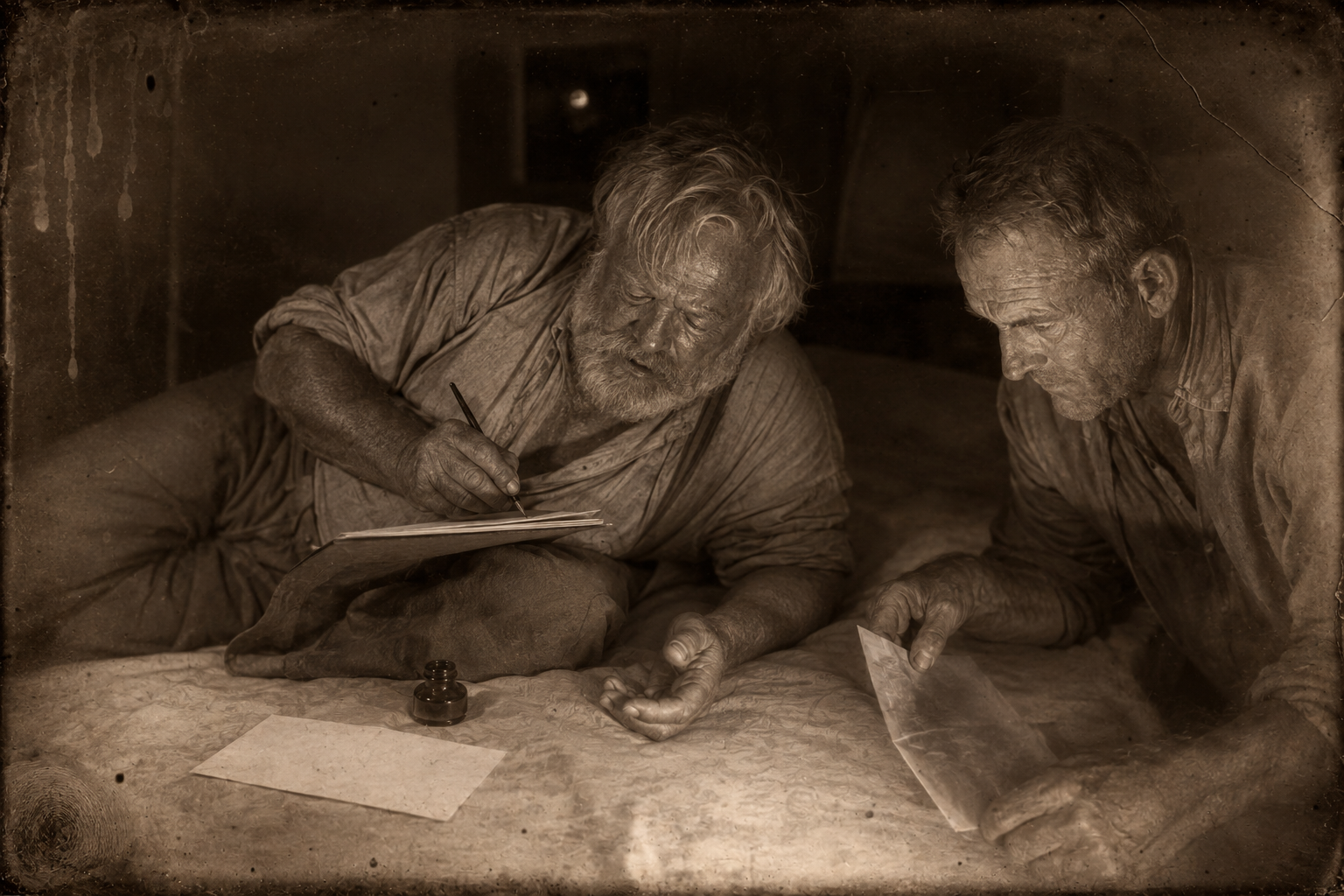 Having asked to be hauled three thousand miles to Clara's orchard on the Guadalupe, Augustus draws himself up and writes his two notes, and his hand drops before he can fold the second.