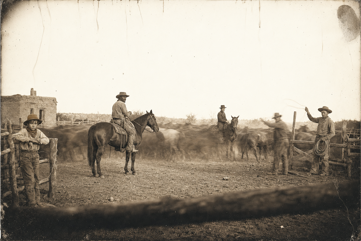 Just after sunrise, Wilbarger, Deets and Chick cut the H I C horses out of the corral while Dish works the gate and Newt stands idle at the fence.