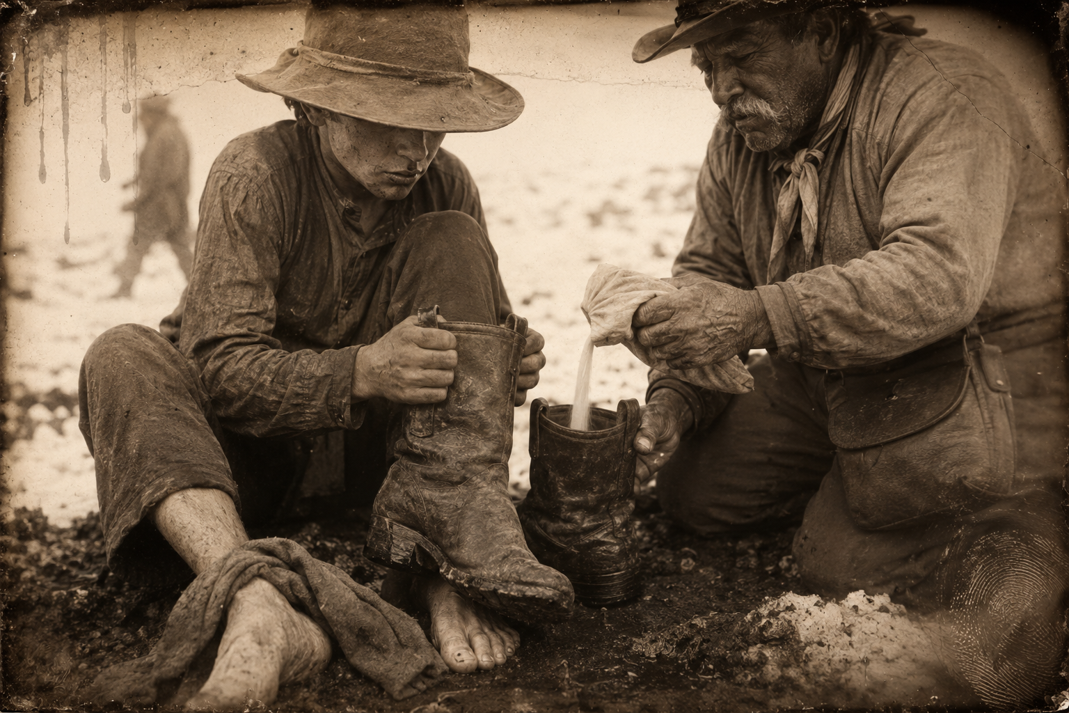 Po Campo notices Newt fighting his boots over wet socks and comes over to sprinkle a little flour into them.
