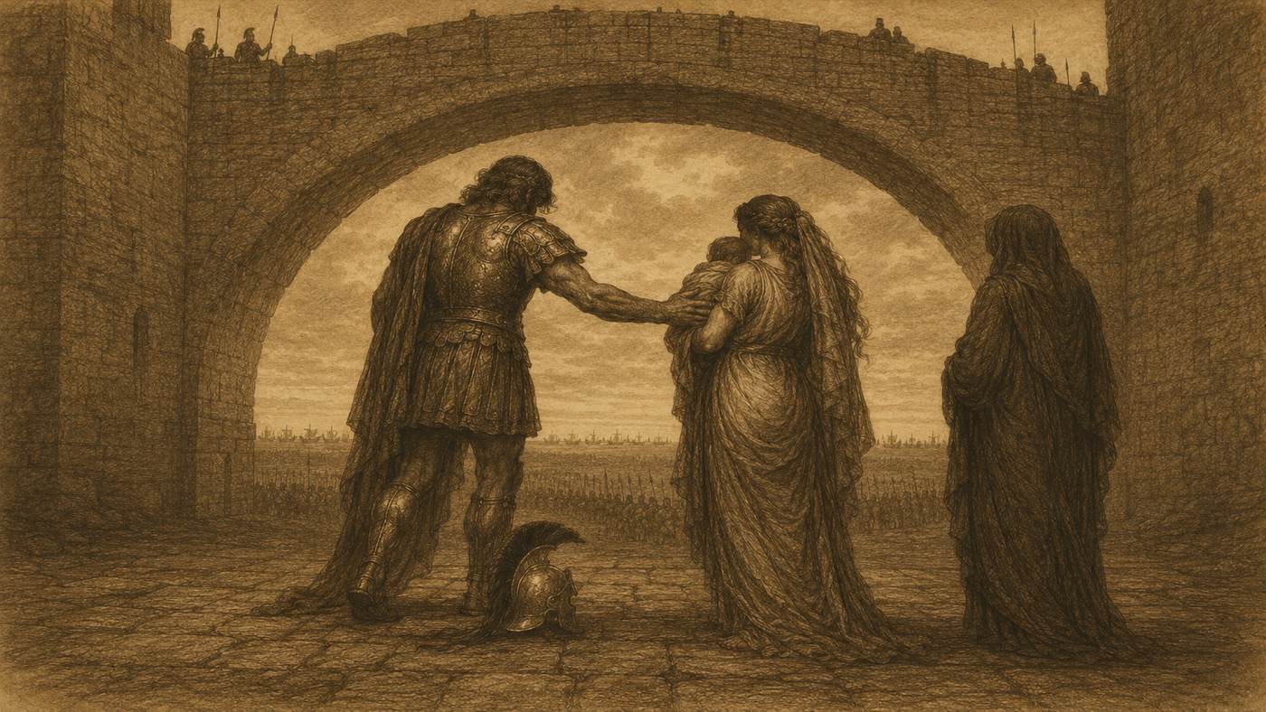 Pen-and-ink: Hector and Andromache at the Scaean Gate