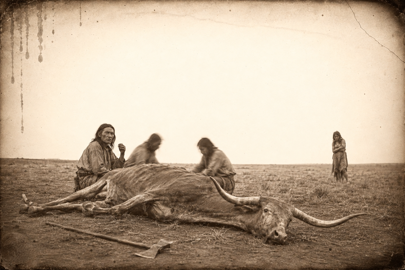 The Kiowas kill the crippled cow with an axe, split open her stomach and eat the guts raw — and Lorena thinks, that's what he said he'd do to me.
