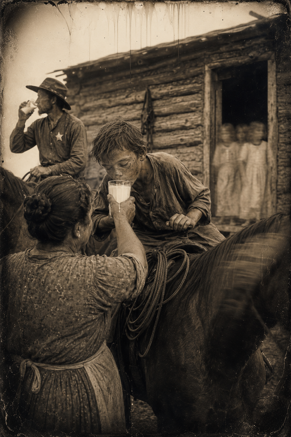 On a hot afternoon the farmer's wife hands up a glass of buttermilk while her little girls giggle at Joe, who ignores them.