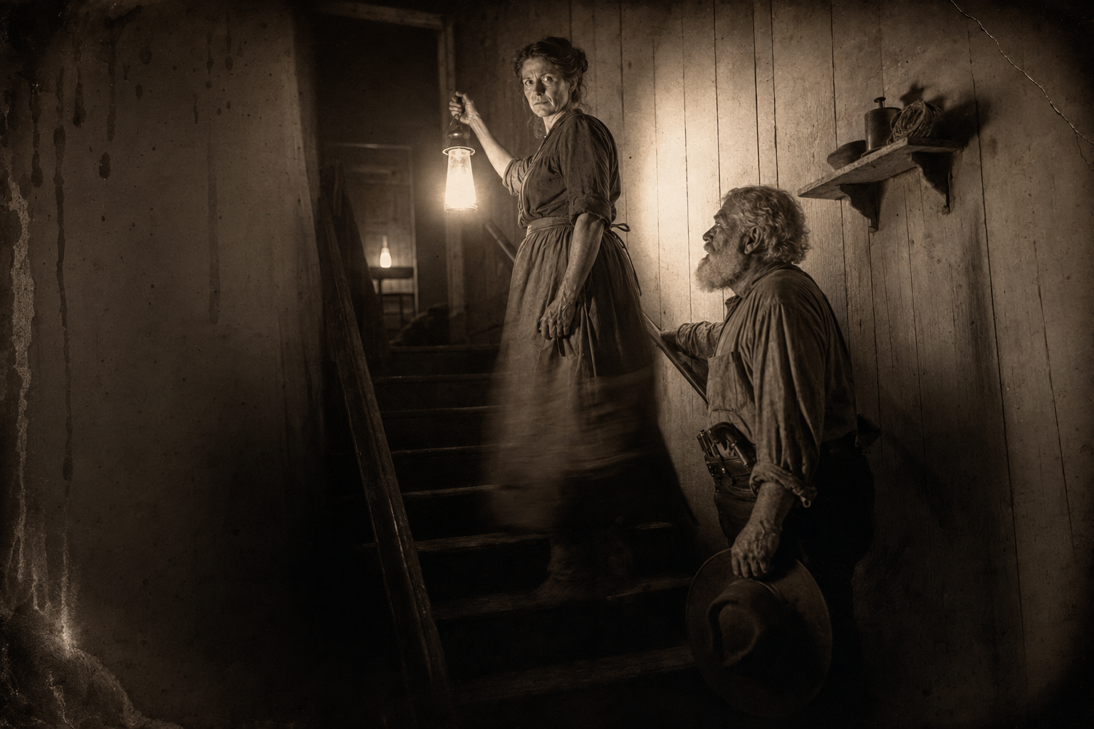 Clara lights a lantern and takes Augustus up the stairs to the room where her husband lies.