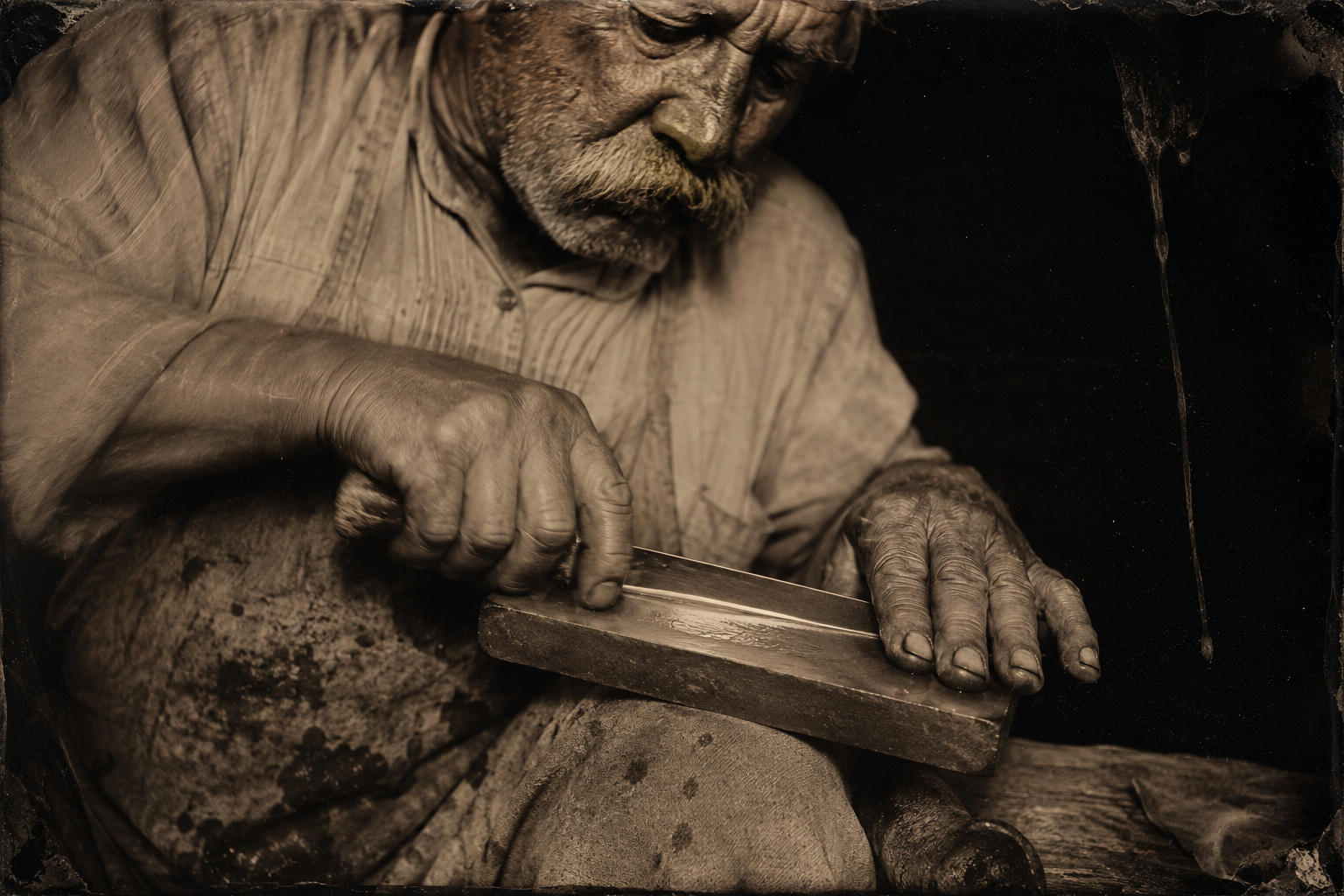 Bolivar whets the bone-handled knife as he does every night, spitting on the stone to damp it — "It's like a wife. Every night you better stroke it."