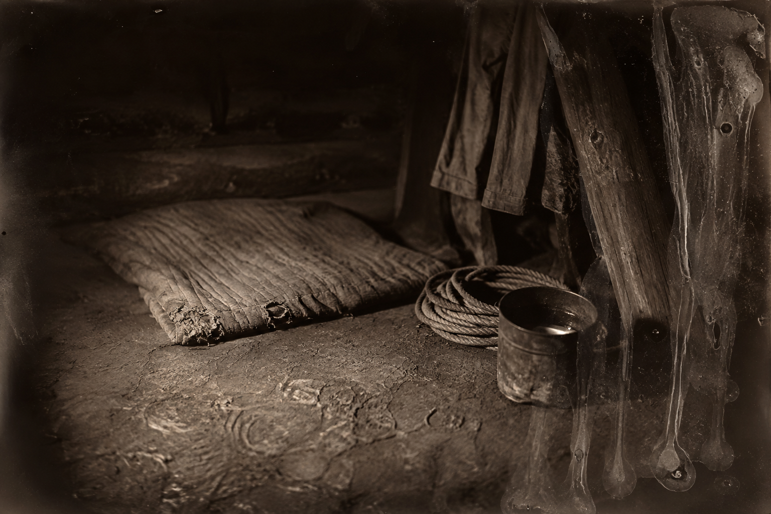 Joe sets down the milk pail and lays his rope by his pallet on the dirt floor — the found rope that is his most prized possession.