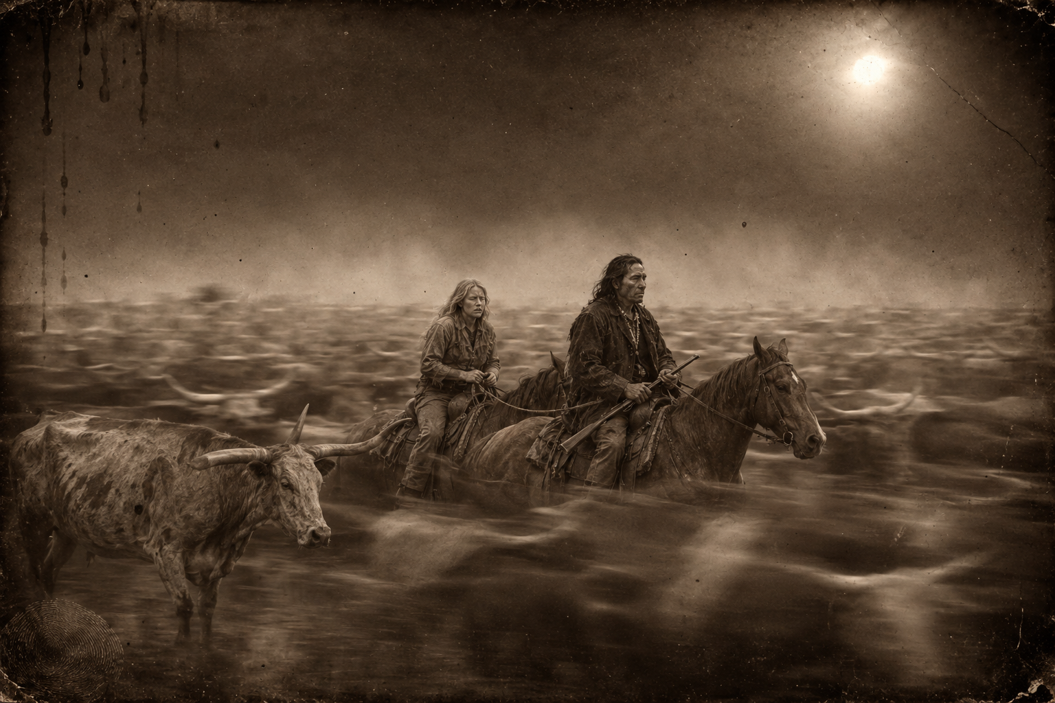 Blue Duck rides straight into the running cattle, Lorena's eyes shut, the heat of the animals against her legs.