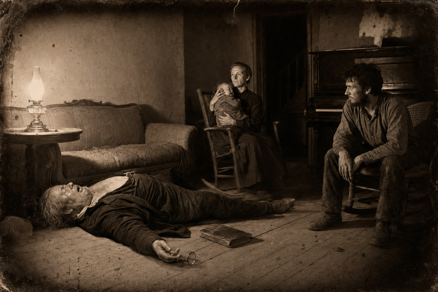 That night the Reverend, drunk after supper and full of his book on prophecy, rolls off the sofa onto the floor and snores while Clara rocks the colicky baby and July sits on, hoping to be useful.