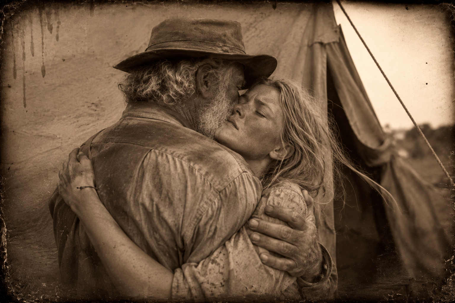 "Give me a hug" — and then a kiss; the feel of his whiskers makes Lorena want to cry, and she holds him as tight as she can.