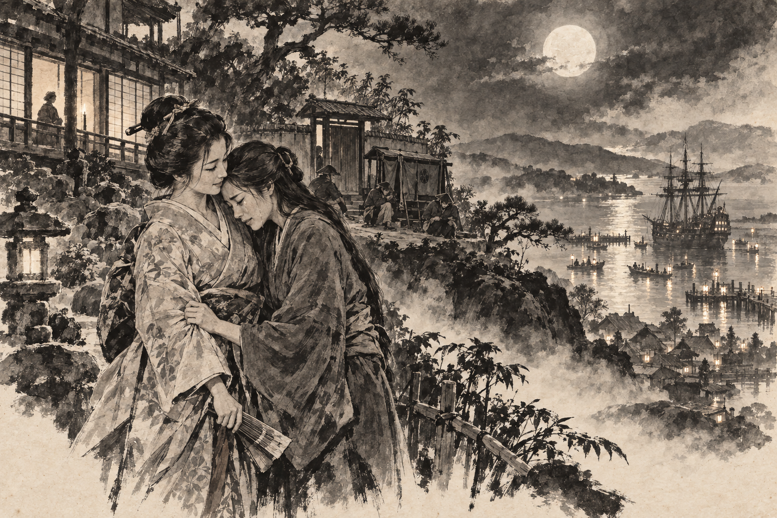 Kiku and Midori in the moonlit garden