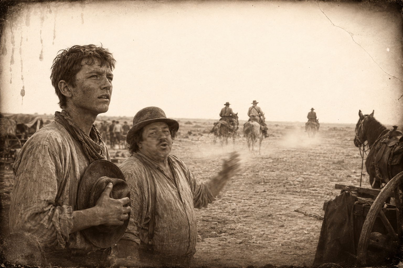 Call, Augustus and Deets ride out after the horsethieves, leaving a camp full of scared men; Newt watches them go with Lippy's talk of scalping still in his ears.