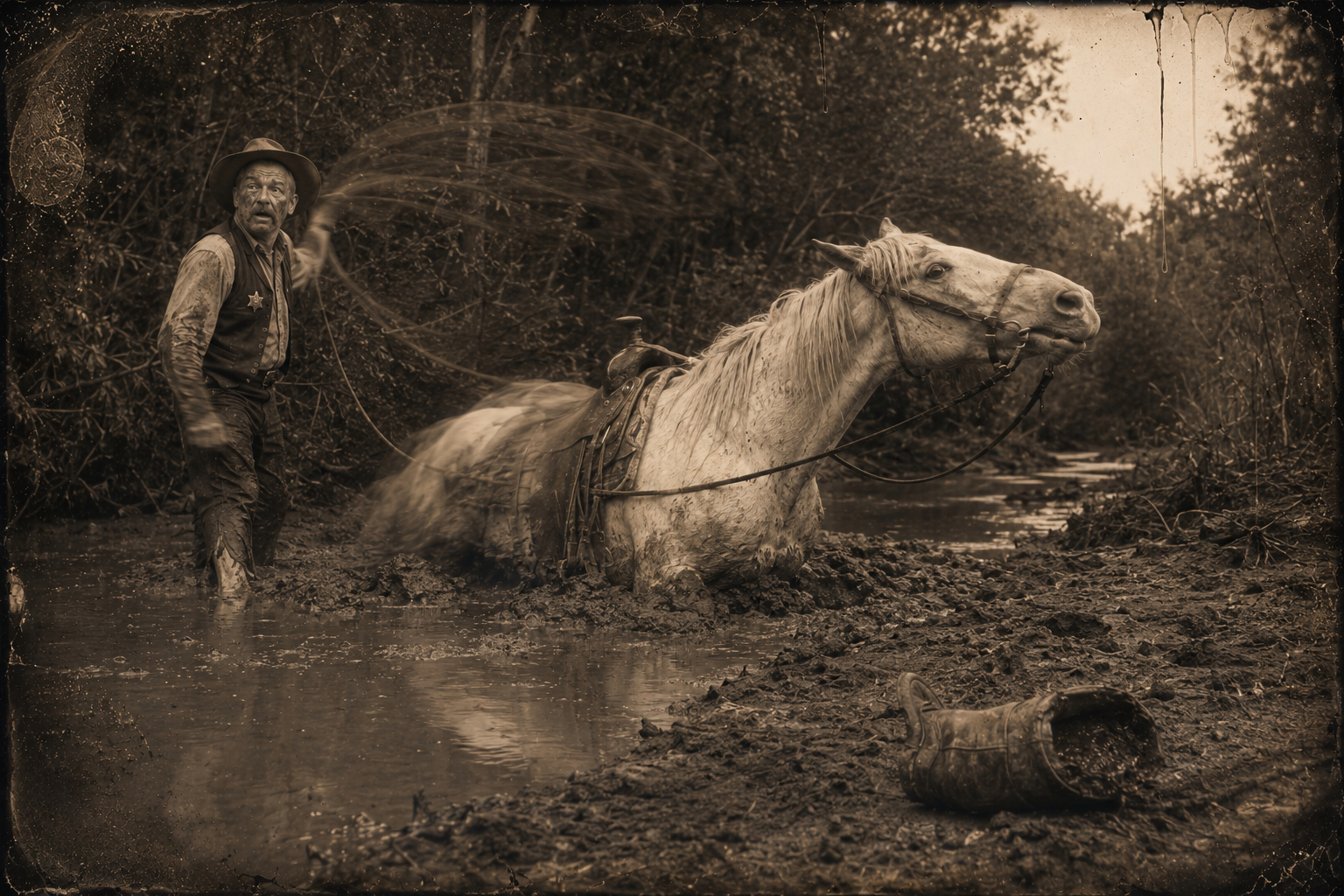 That afternoon Memphis bogs to his knees at a little creek and Roscoe, on foot in the mud and short one boot, whips him out with a lariat rope.