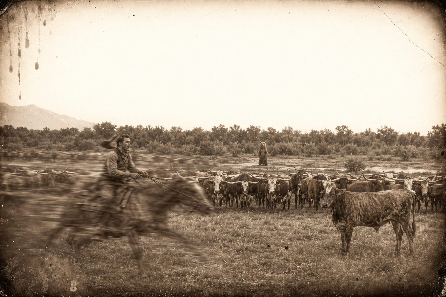 A grizzly walks out of the creek thicket; Dish Boggett's horse bolts under him and the whole herd turns to look.