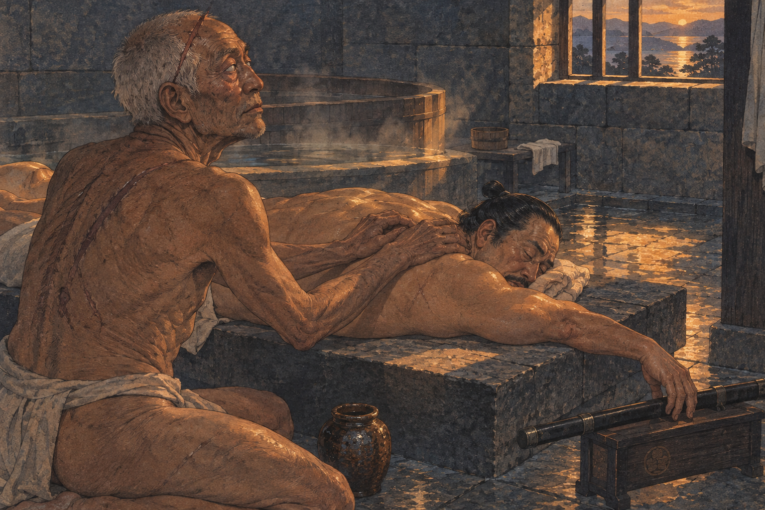 The blind man's fingers at the daimyo's neck