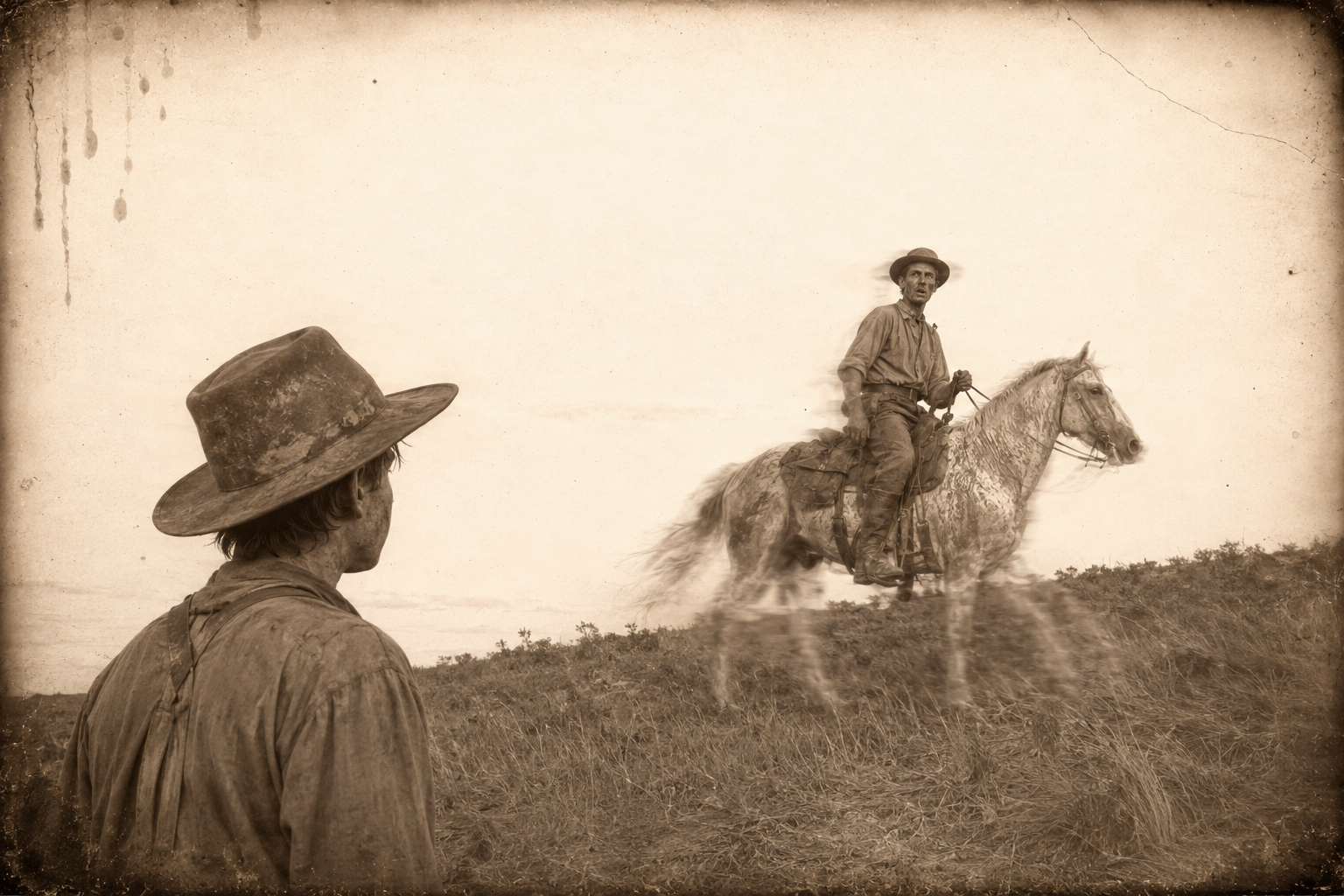 At first light Pea Eye comes loping along a ridge on a horse white with sweat and tells Newt the outfit had him down for trampled.