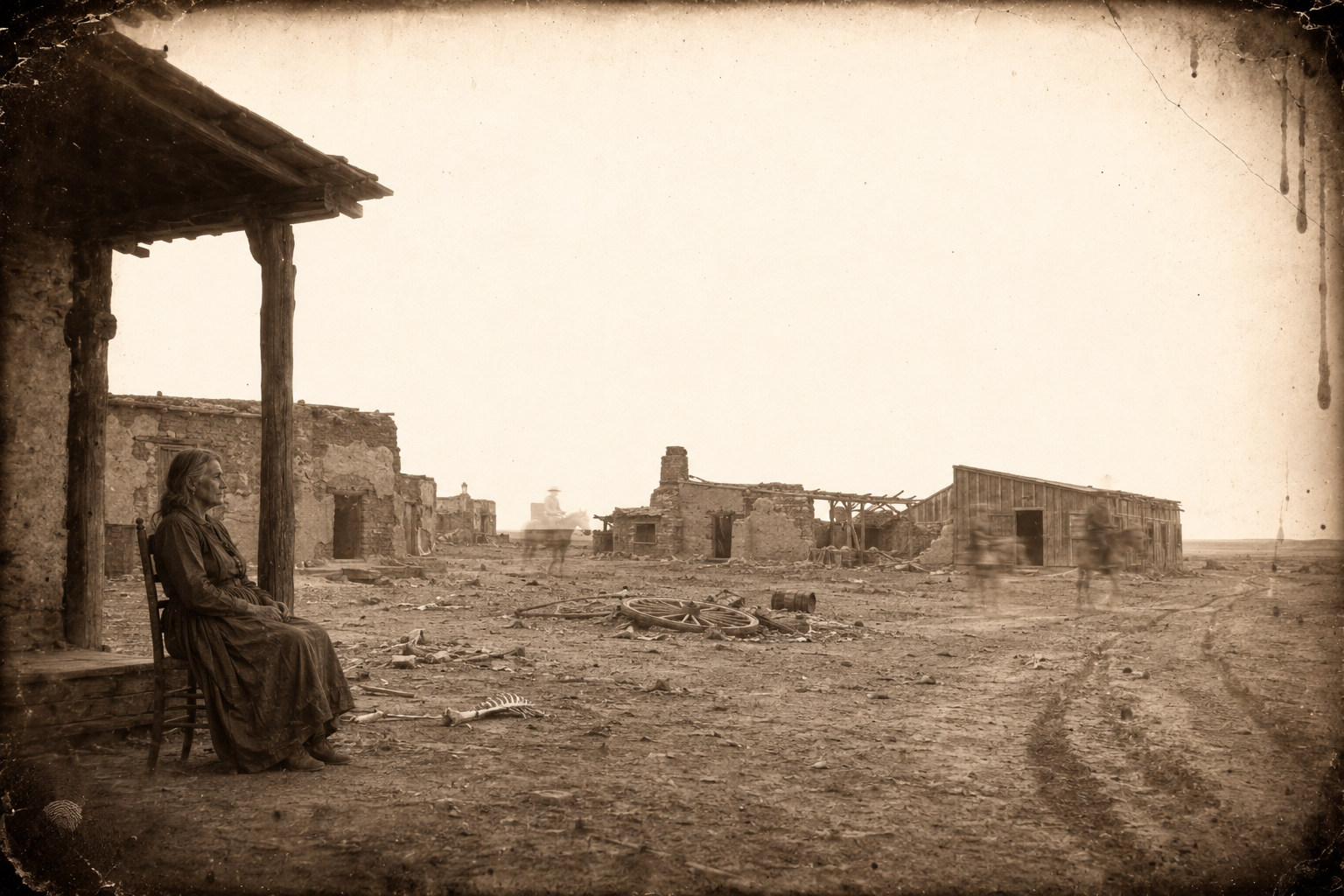 Bent's Fort turns out to be no town at all — a few broken buildings, one silent woman in a chair, and a wagon track that runs out into nothing.