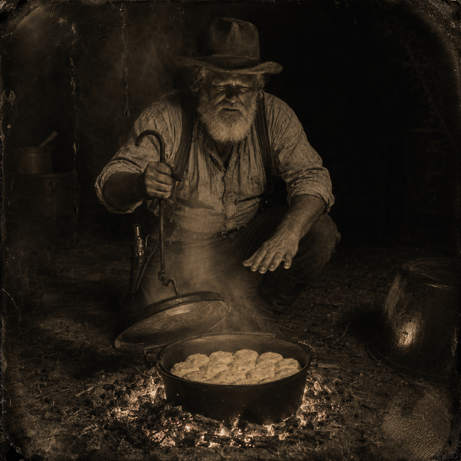 Four in the morning, still good dark — Augustus freshens the mesquite coals under the Dutch oven in the backyard and sets his moulded biscuits in.