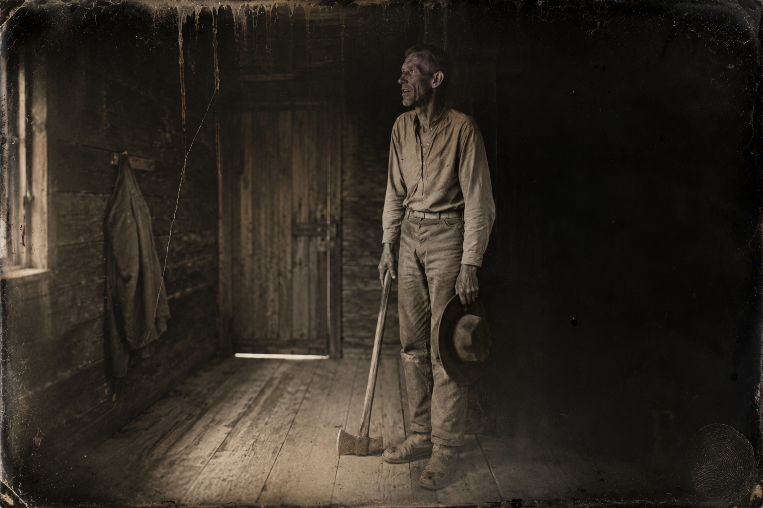 Years back, Pea Eye stands in the dark of the saloon with the borrowed ax he has come to fetch, hearing Maggie behind a closed door calling the Captain by his first name.