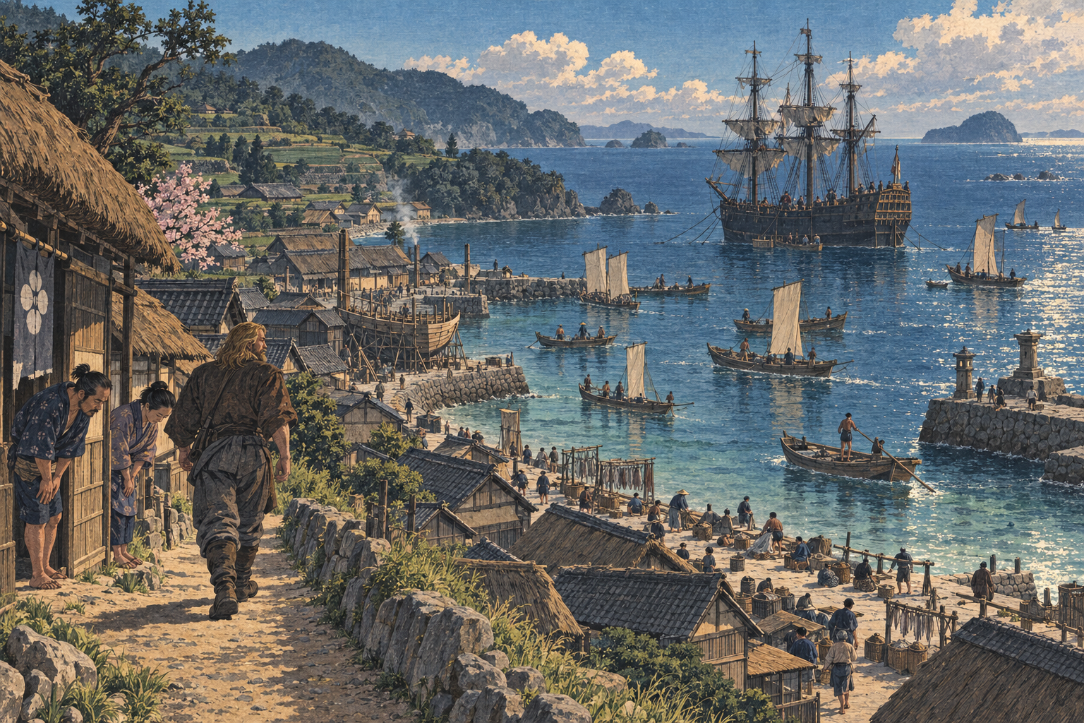 Anjiro harbour and the Erasmus at anchor