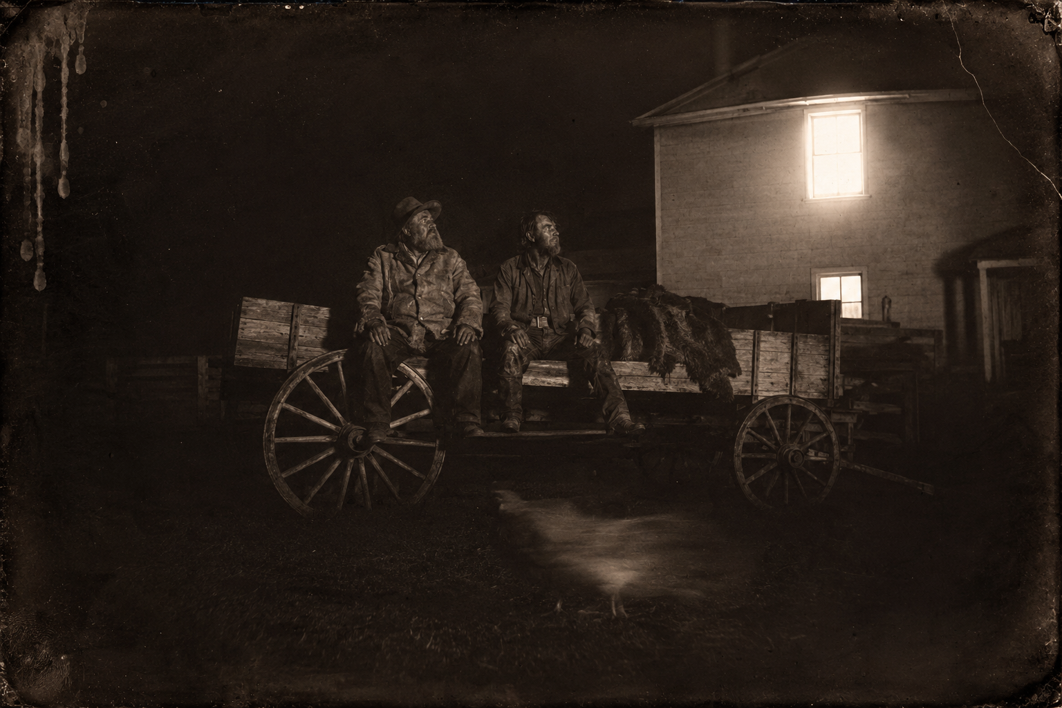 All night the two buffalo hunters sit out on the wagon while Elmira's screams rake the prairie dark above them.