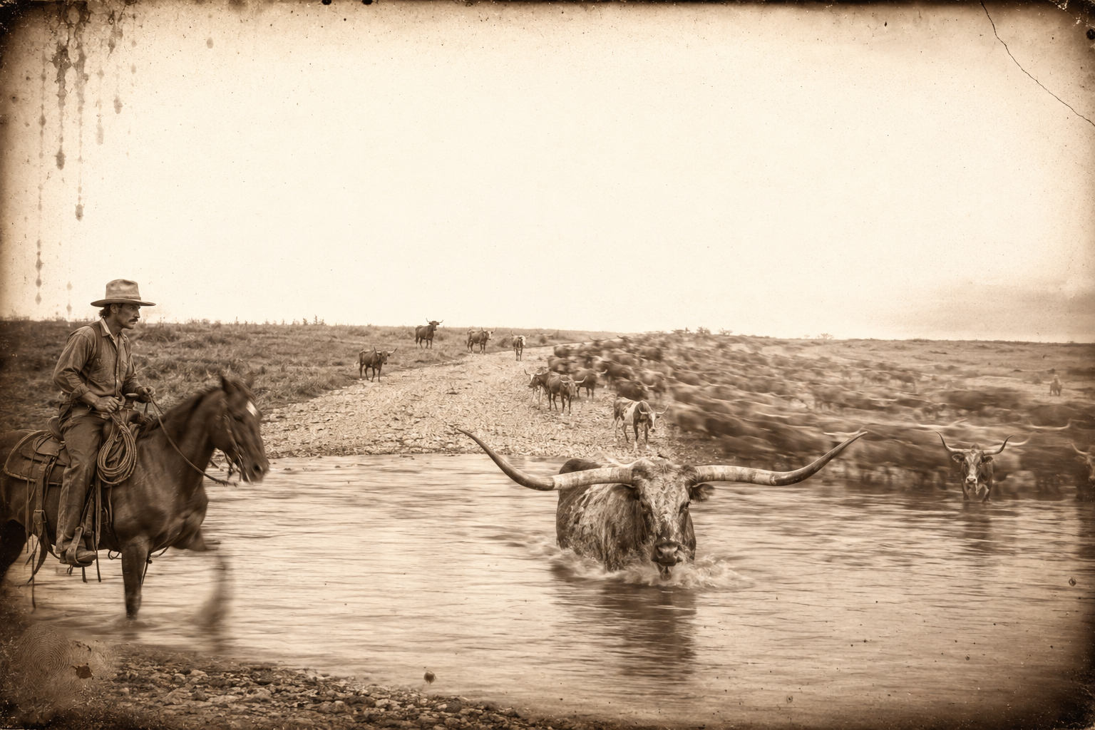 The rain slows, the sun breaks through, and Old Dog leads the herd down Deets's gravel bar into the Red as if the entrance were a road.