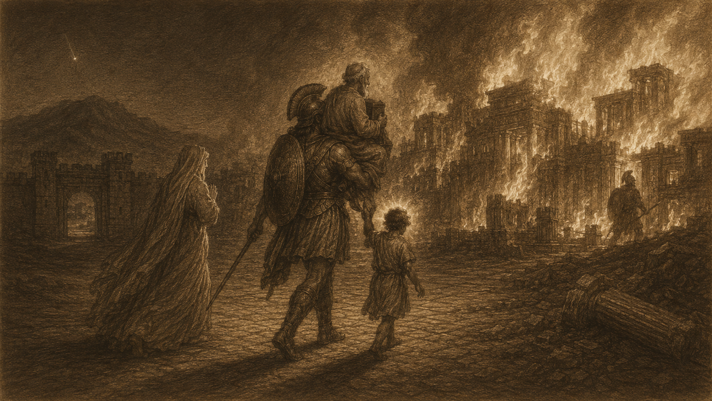 Pen-and-ink: The Fall of Troy: Aeneas's Account