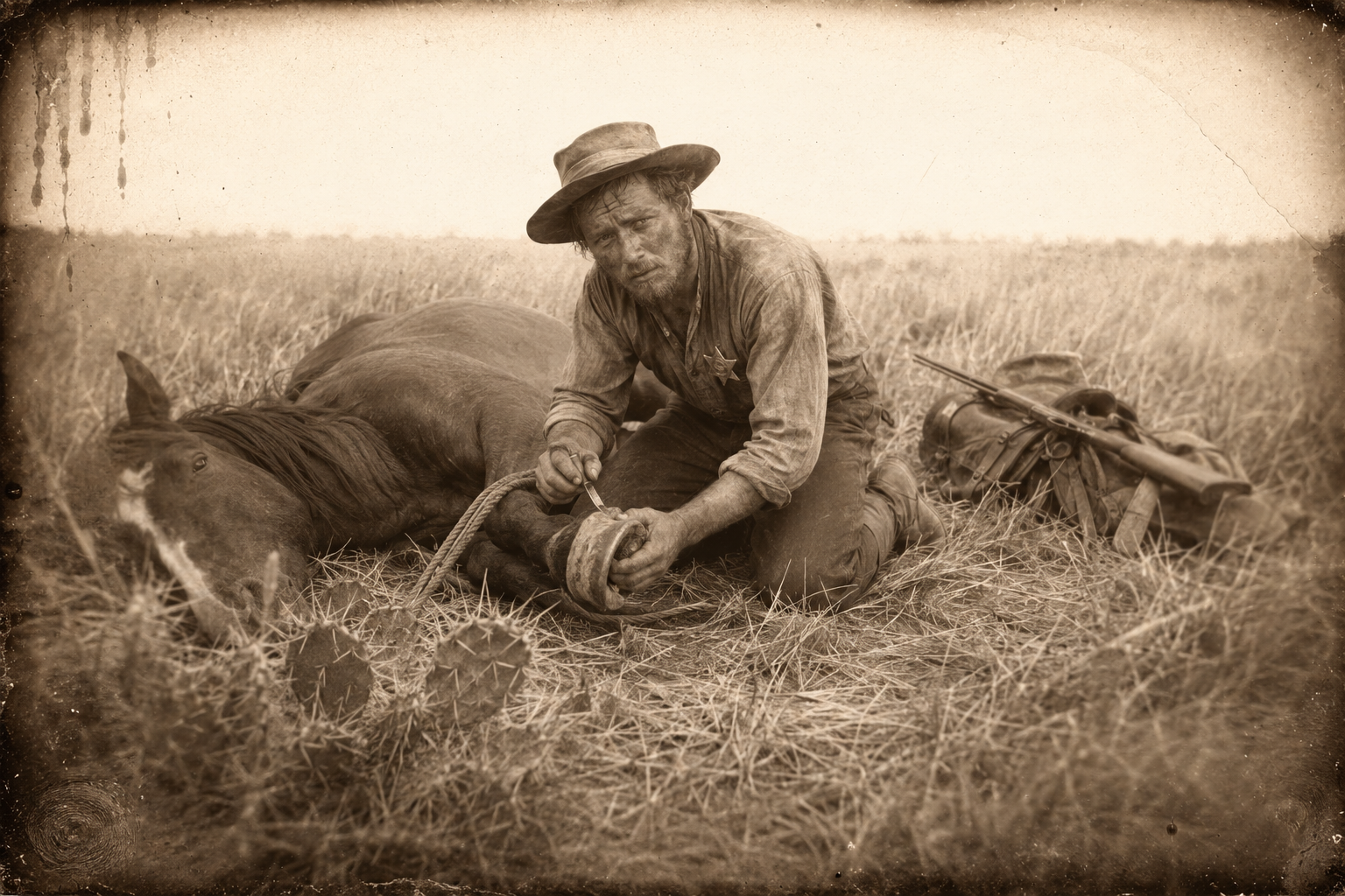 July ties the horse down on the ground to dig the cactus thorn out of its hoof.
