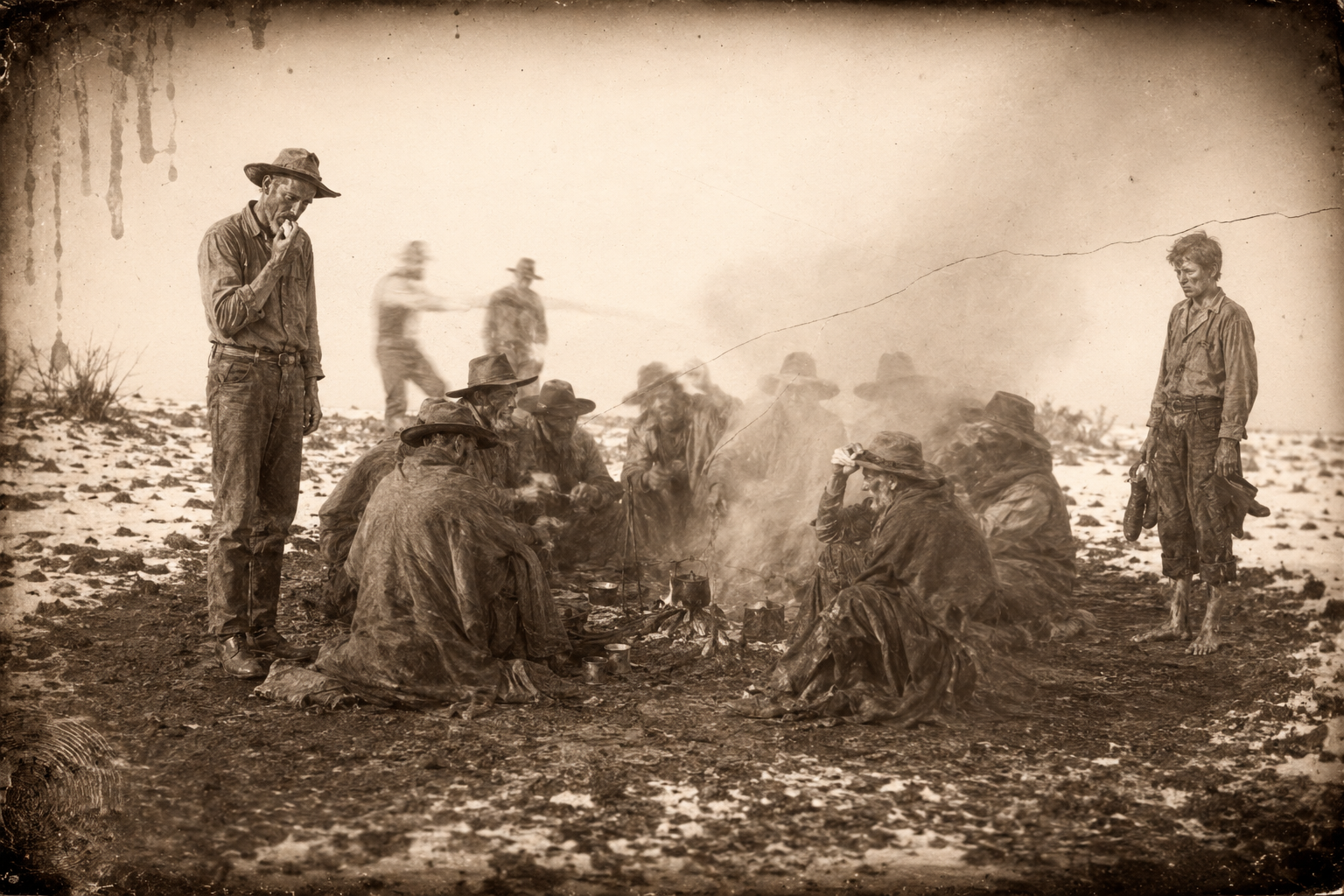 At the breakfast fire — Pea Eye eating a handful of snow, the Rainey boys throwing snowballs at each other, and Newt shut out of the ring, barefoot, unable to get a place.