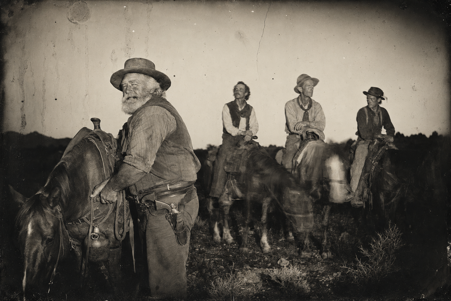 Call splits the party — Augustus dismounts and tightens his cinch a notch before taking Jake, Pea and Dish after the horse herd.