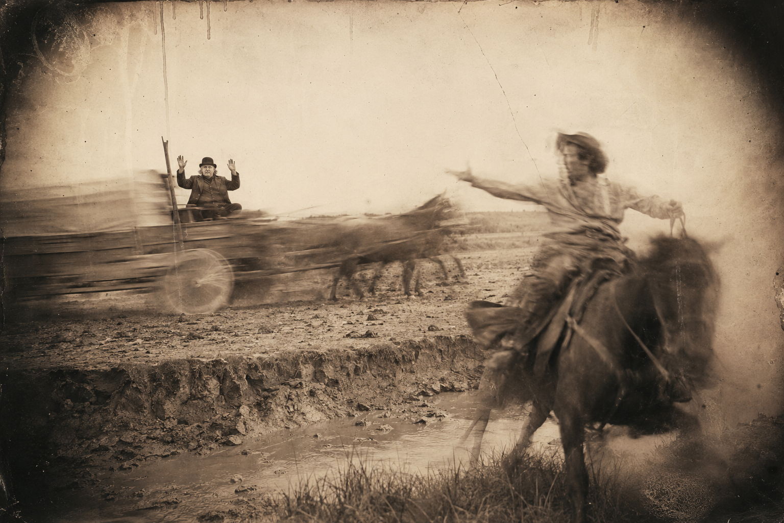 Jim Rainey rides back to head the mules, fails, and only turns them out of the easy crossing toward the three-foot cutbank.