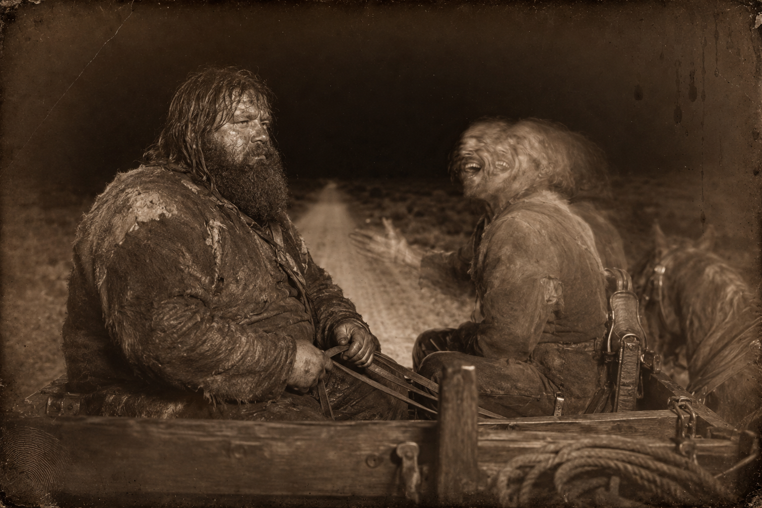 On the wagon seat, Luke laughing at Zwey for believing the baby was his while Zwey sits with the reins and says nothing.