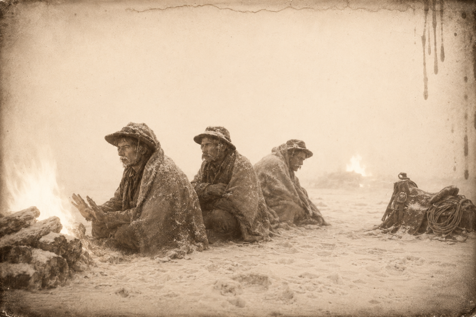 The three-day blizzard — the men huddled between two big fires, freezing on the side away from the flames, unable to see as far as the horses.