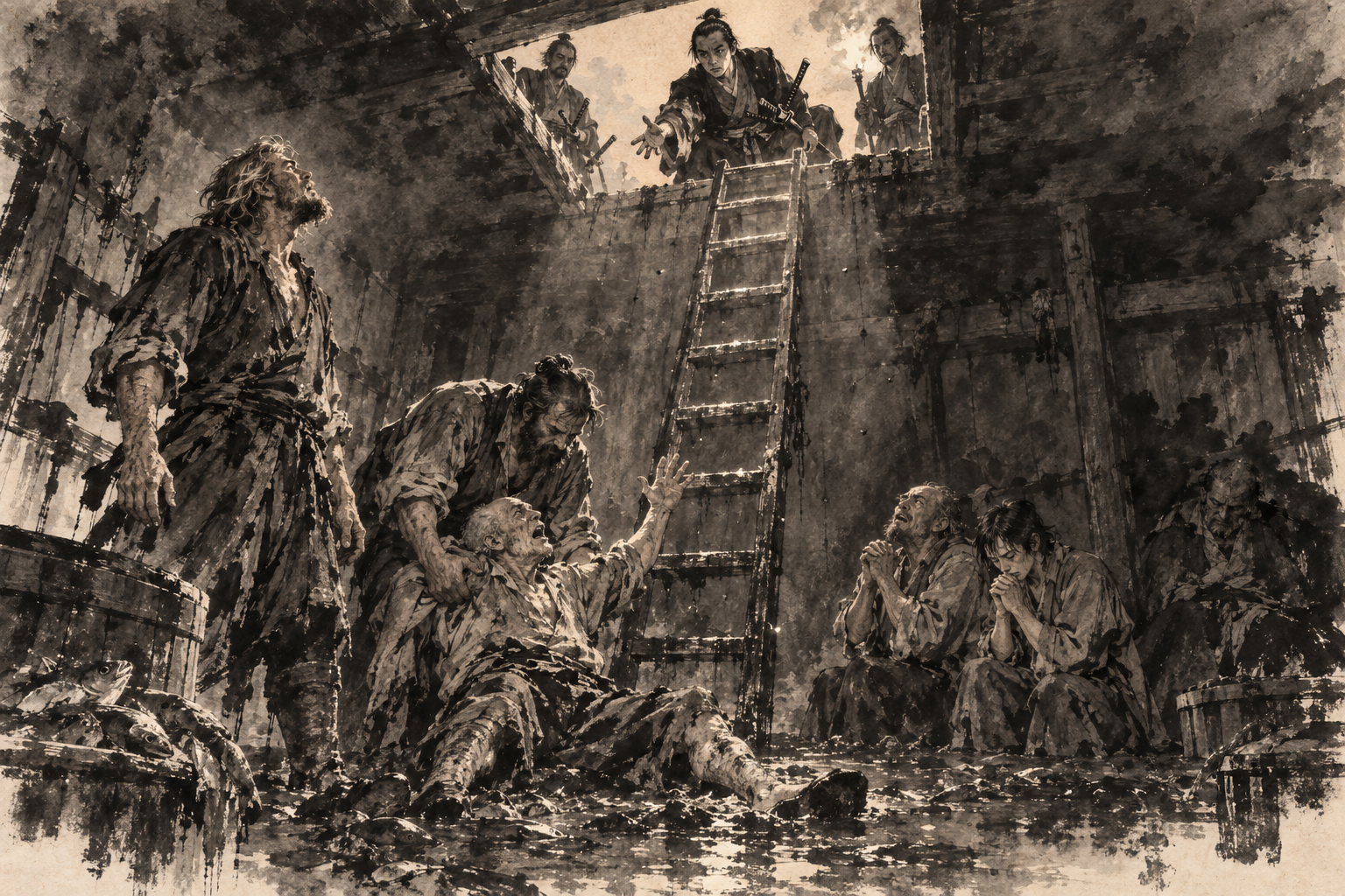 The ladder lowered at dusk
