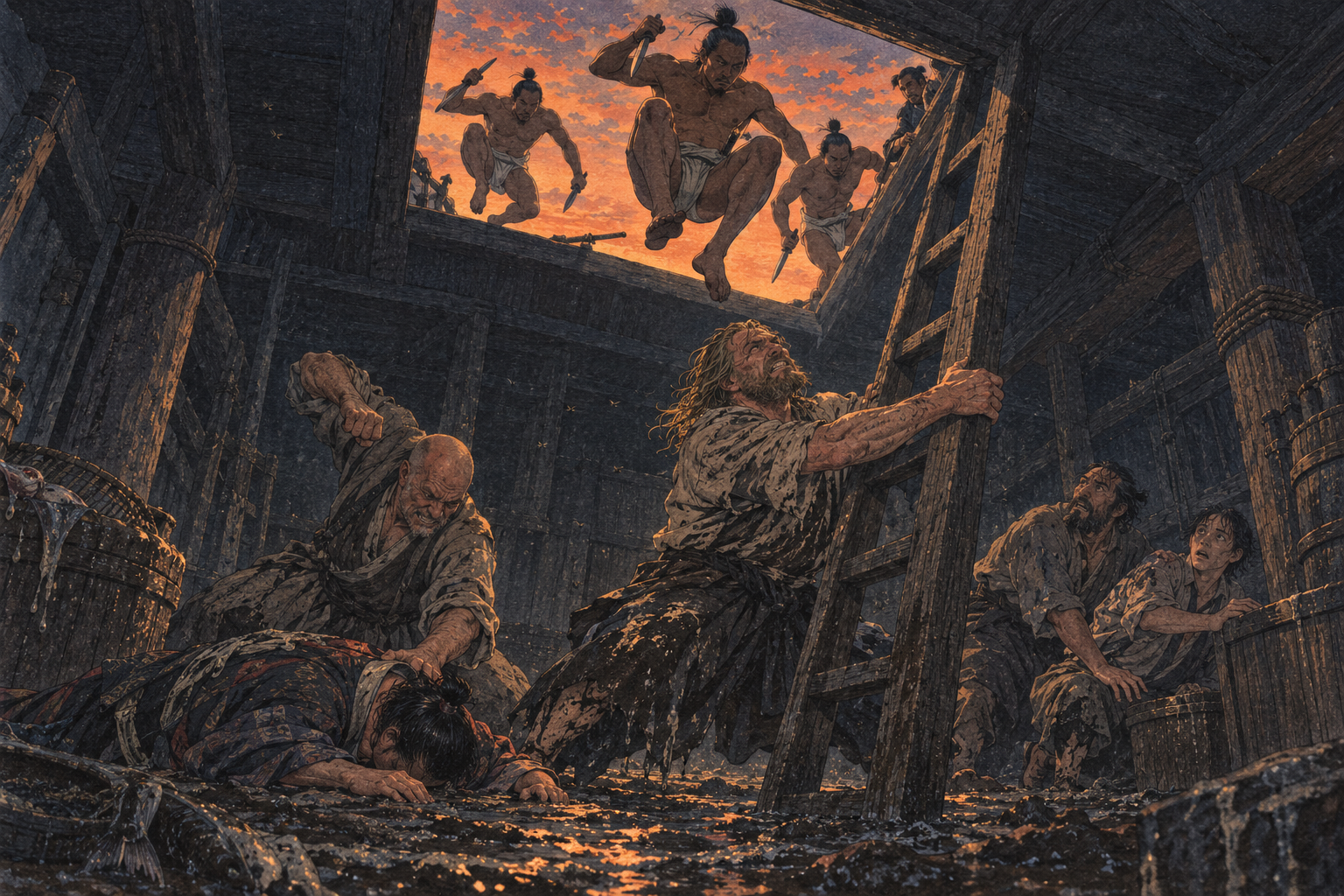 Knife-men drop through the sky door