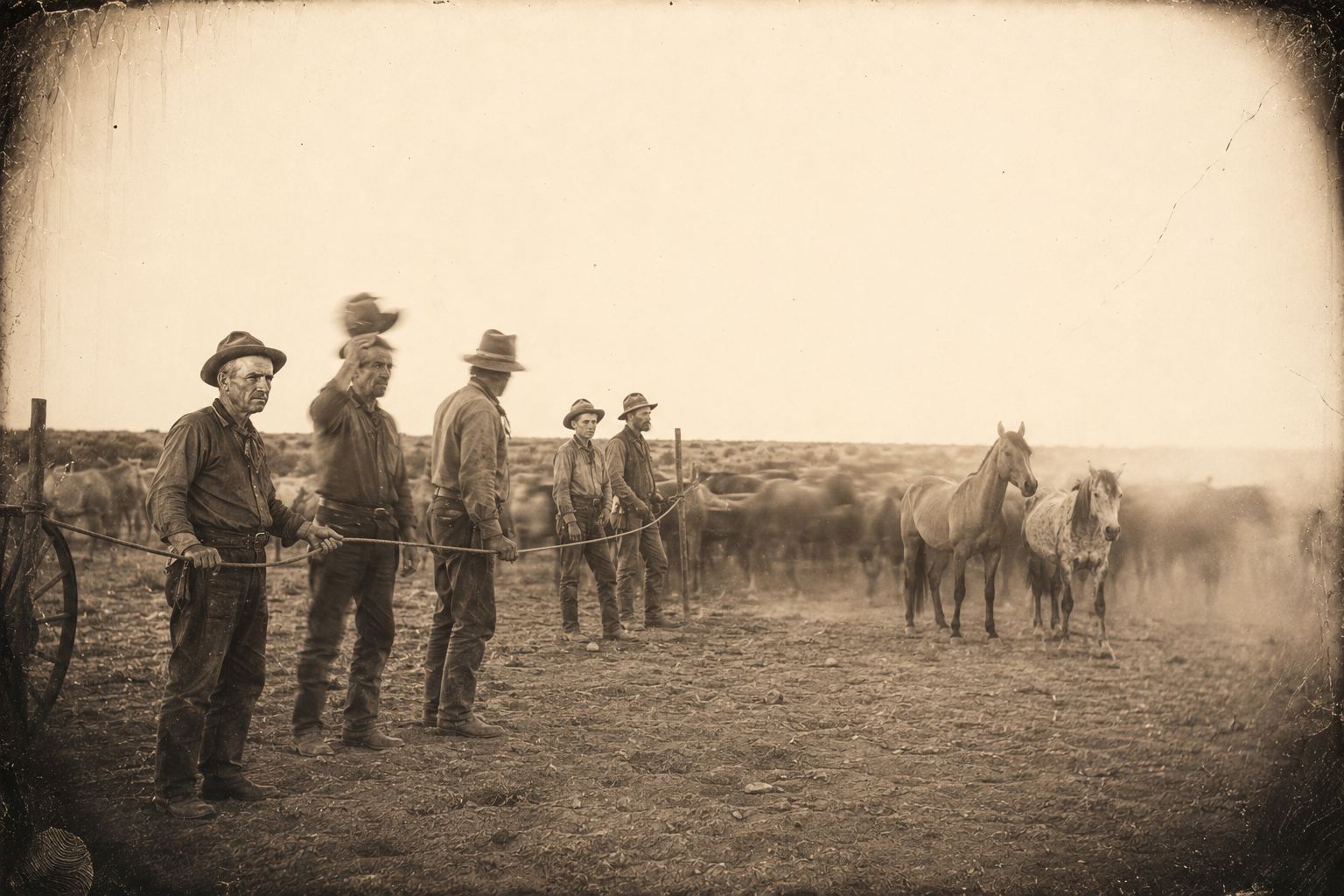 Late afternoon, a rope corral strung around the remuda while each hand takes his four picks, and Jasper Fant and Needle Nelson cannot make up their minds.