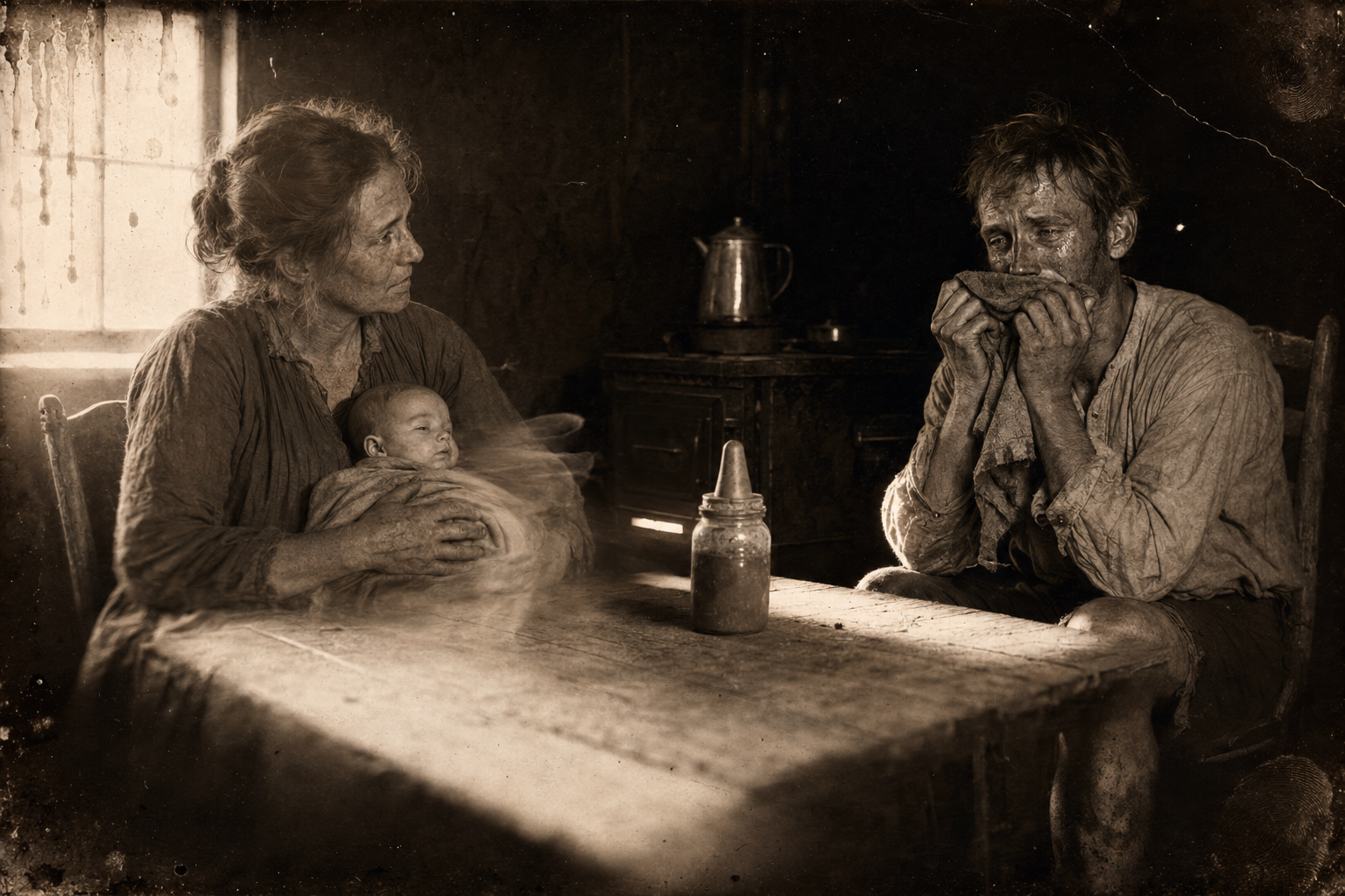 At the kitchen table, July weeps into the rough dish towel Clara handed him while she sits down opposite with the baby and looks from the child's face to his, seeking resemblances.