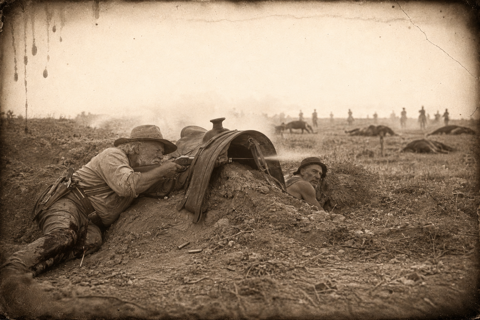 Forted up in the creek bed, Augustus props his saddle on the bank and shoots under it, dropping five of the war party's horses in six rapid shots.