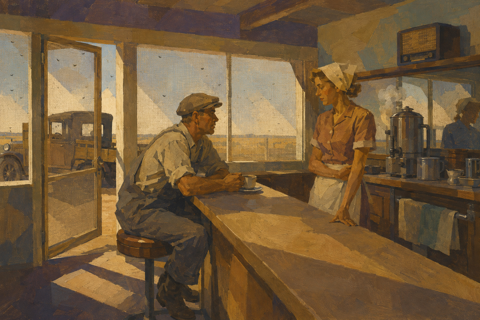 The driver and the waitress at the counter