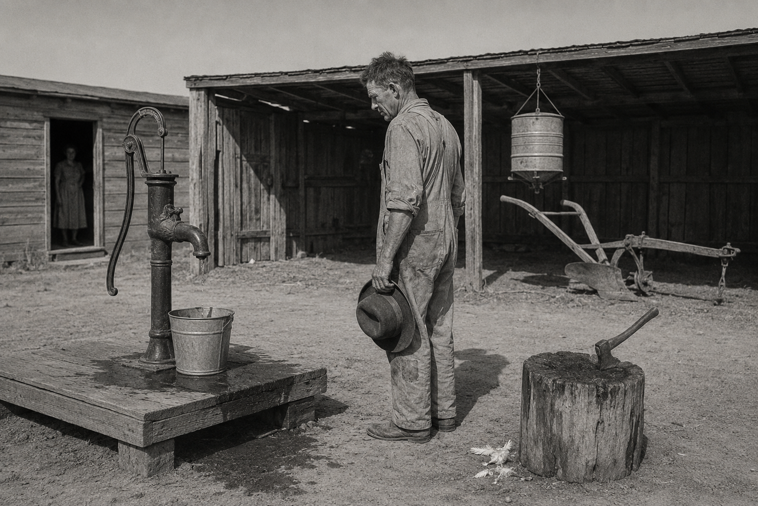 The pump, the chopping block, the plough in the shed